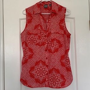 Red and white button up sleeveless shirt